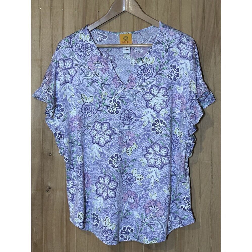 Ruby Rd Women's Large V-Neck Ruffle Sleeve Purple Floral